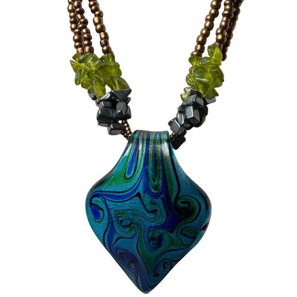 Boho Statement Necklace Blue Green Murano Style Glass Pendant MultiStrand Beaded - Picture 2 of 5